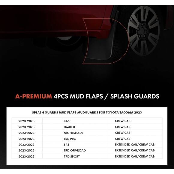 Splash Guards Mud Flaps 4 Mudguard Fender Flares Toyota Tacoma 2023 2024 NIB NEW - Picture 6 of 12